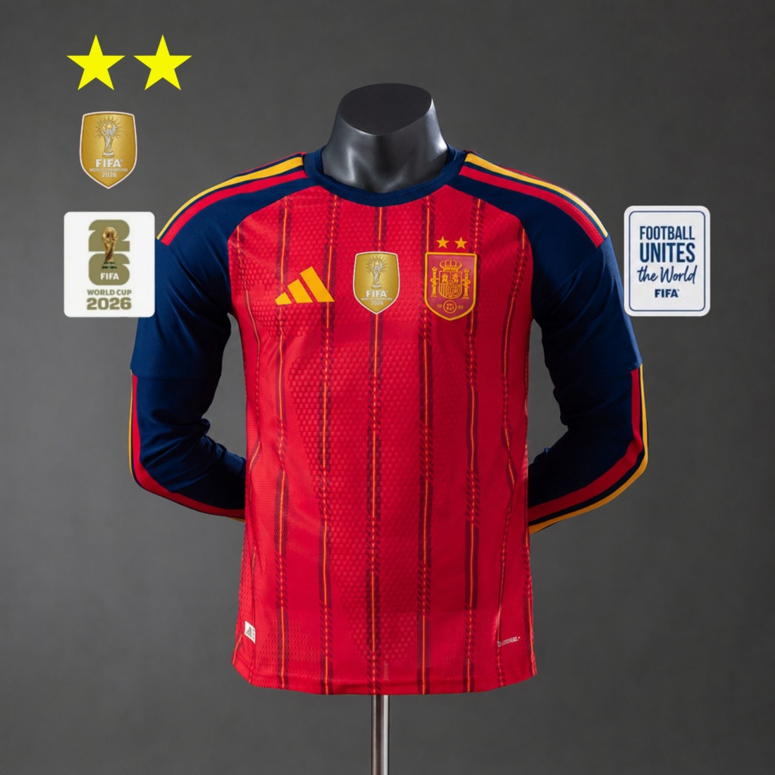 (26/27) Player Spain الأساسي 2-Star Champion Edition Long Sleeves قميص S-4XL 2